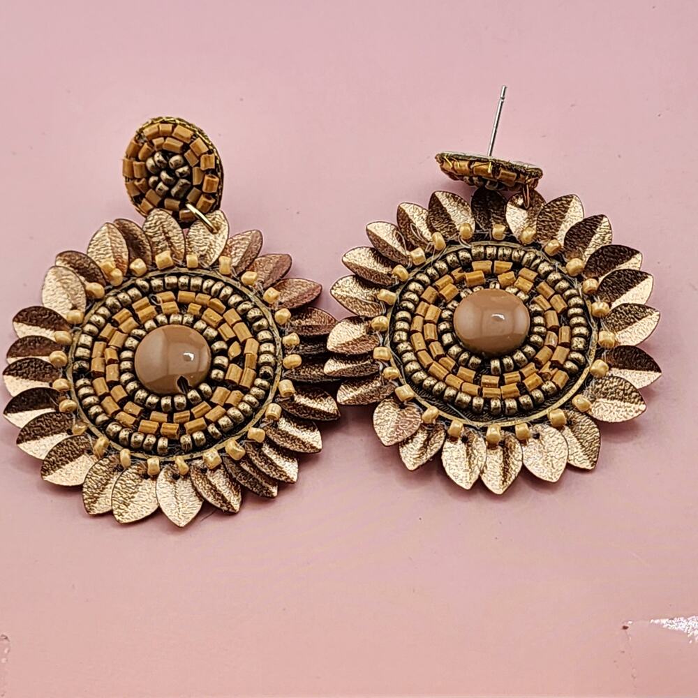 Sunflower Beaded Brown Gold Tone Statement Drop Earrings Boho Floral